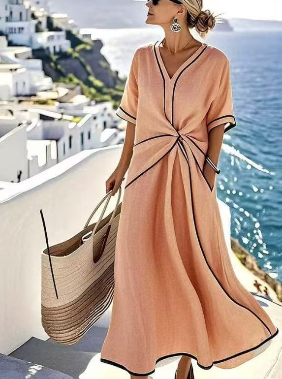 Linnea | V Neck Short Sleeve Gathered Waist Midi Dress