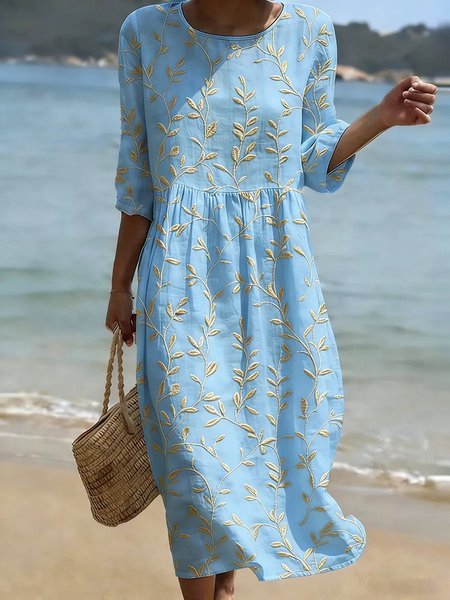 Embroidered Blue Dress with Vintage Flowers
