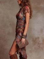 ANDREA - Boho Ruched Midi Dress