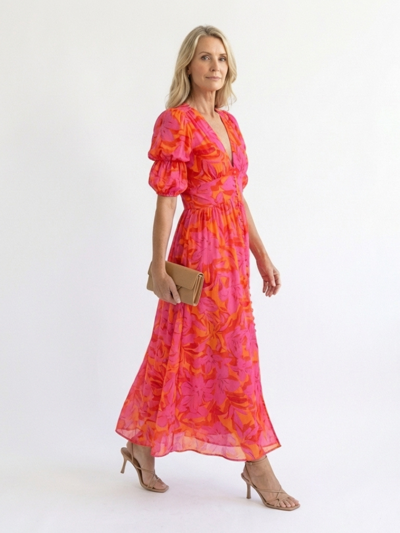 Willow - Floral V Neck Puff Sleeve Midi Dress