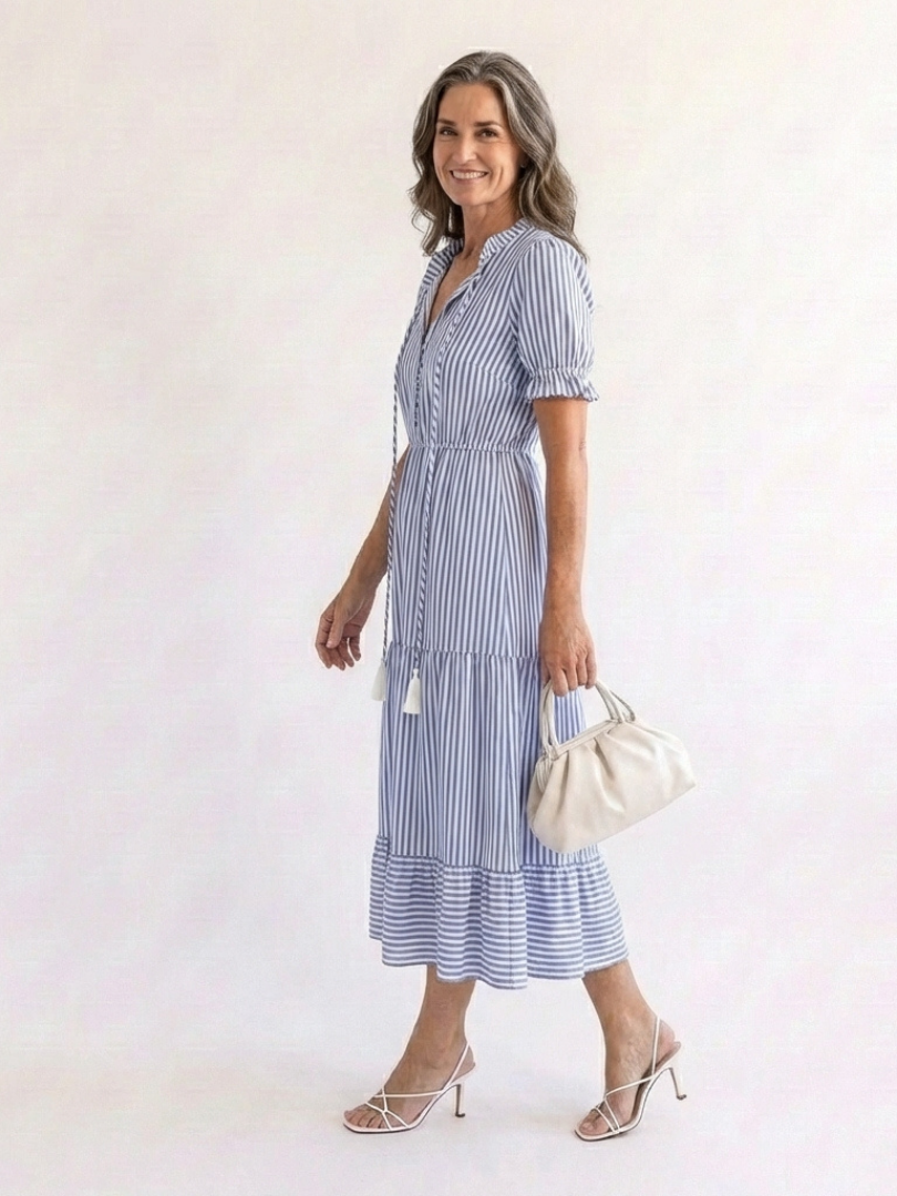 Dakota - Short Sleeve Striped Tiered Midi Dress