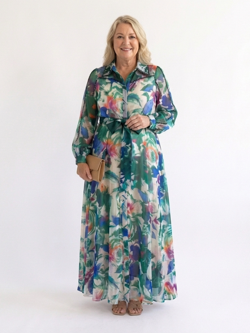 Carolina - Long Sleeve Printed Belted Maxi Dress