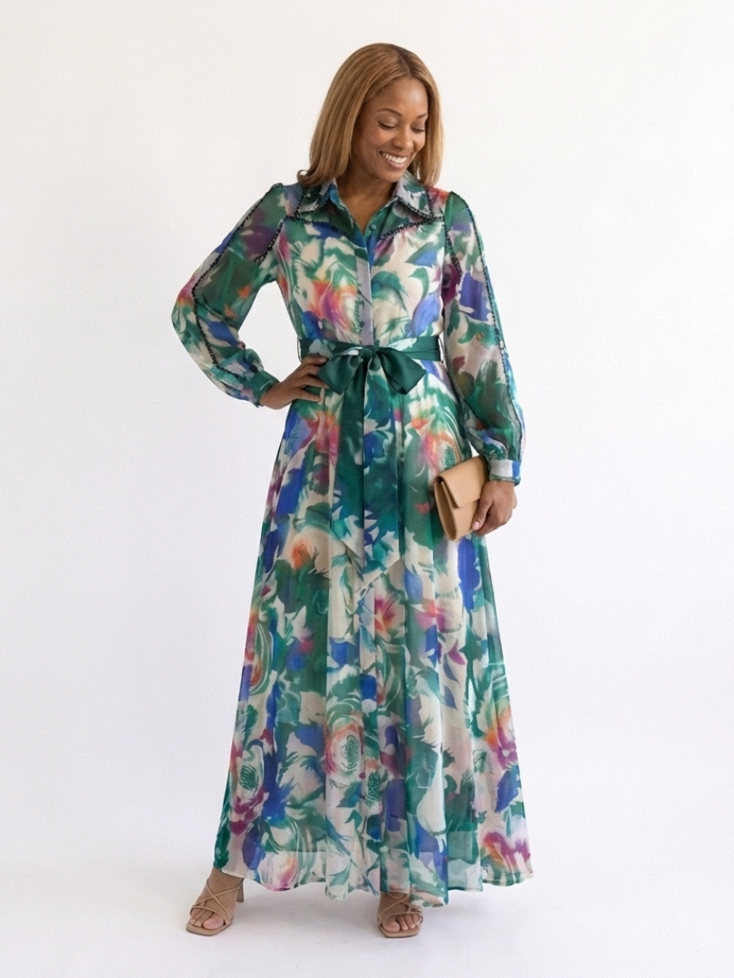 Carolina - Long Sleeve Printed Belted Maxi Dress