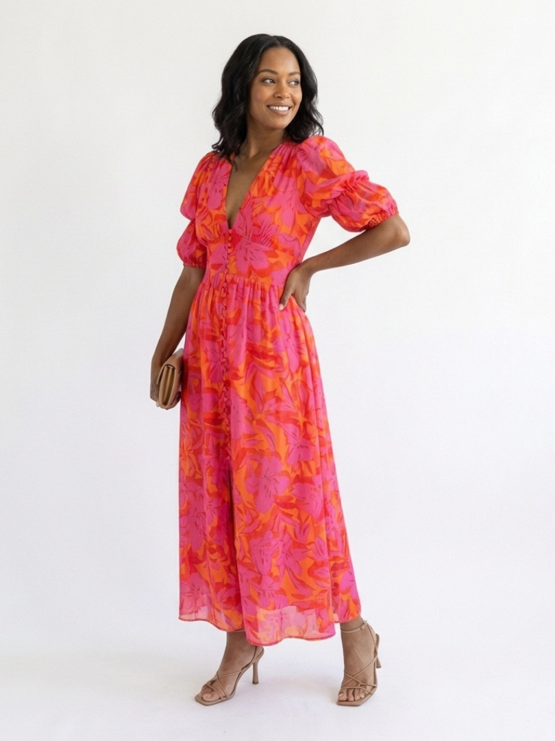 Willow - Floral V Neck Puff Sleeve Midi Dress