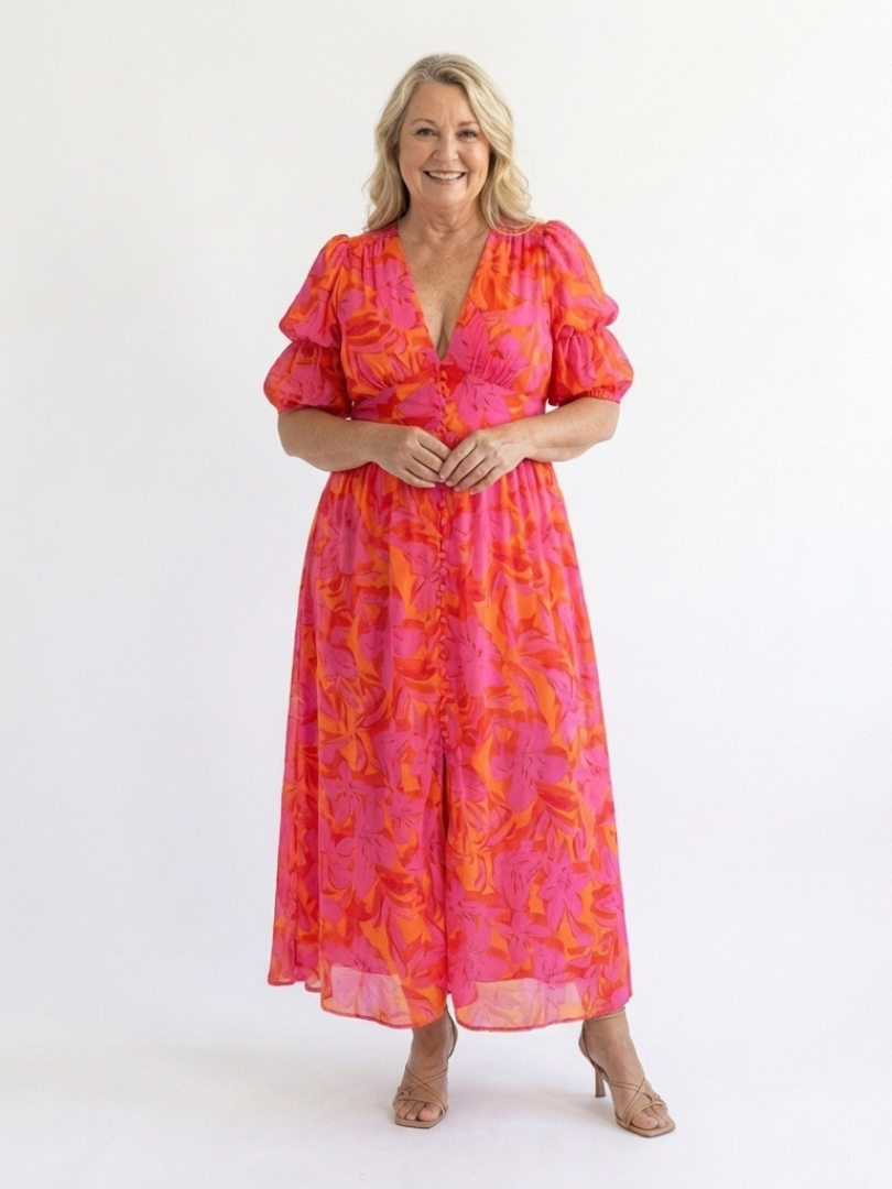 Willow - Floral V Neck Puff Sleeve Midi Dress