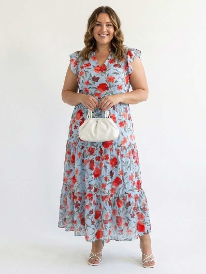 Lila - Floral V-Neck Tiered Midi Dress