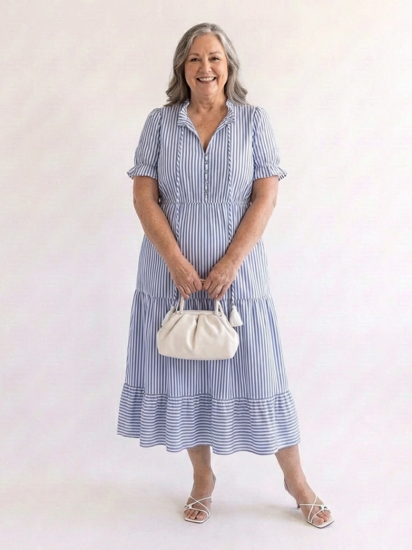 Dakota - Short Sleeve Striped Tiered Midi Dress