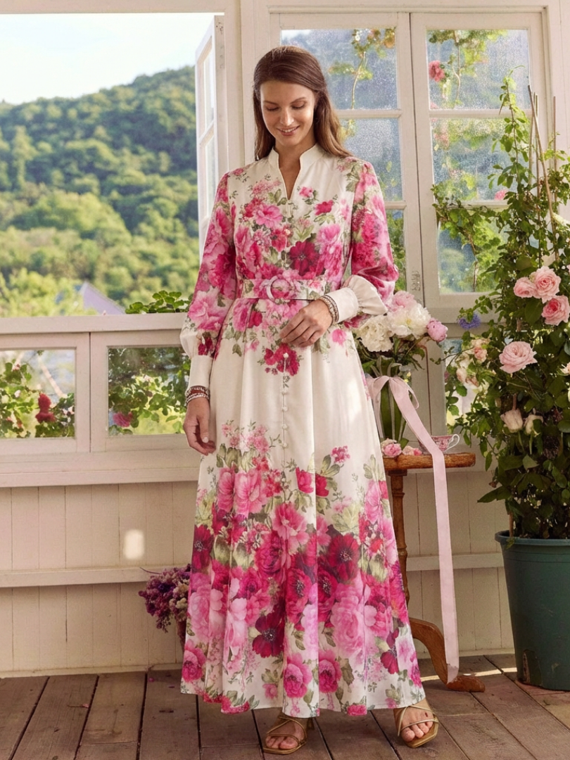 Kennedy - Long Sleeve Floral Belted Maxi Dress