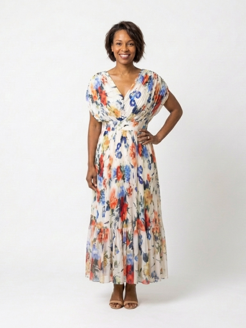 Savannah - Short Sleeve Pleated Floral Midi Dress
