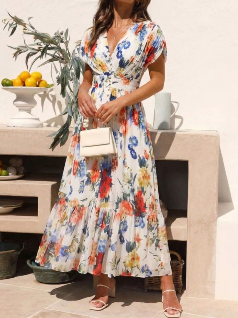 Savannah - Short Sleeve Pleated Floral Midi Dress