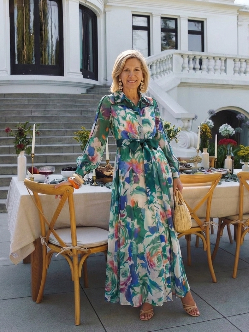 Carolina - Long Sleeve Printed Belted Maxi Dress