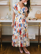 Savannah - Short Sleeve Pleated Floral Midi Dress