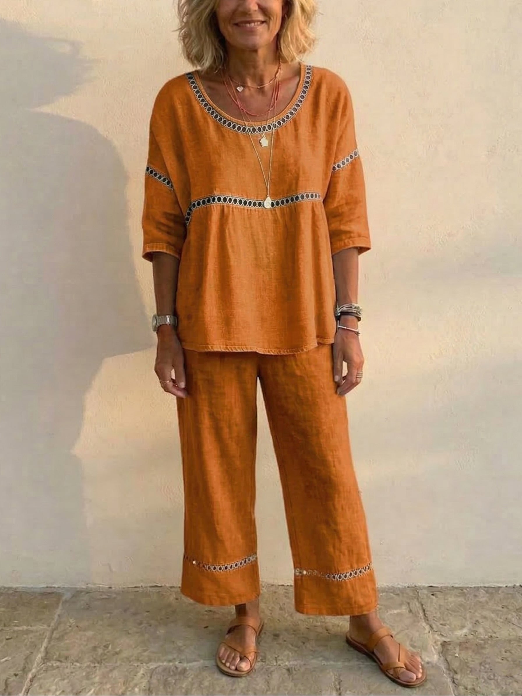Vintage Casual Women's Linen Set with Loose Fit, Comprising Two Pieces