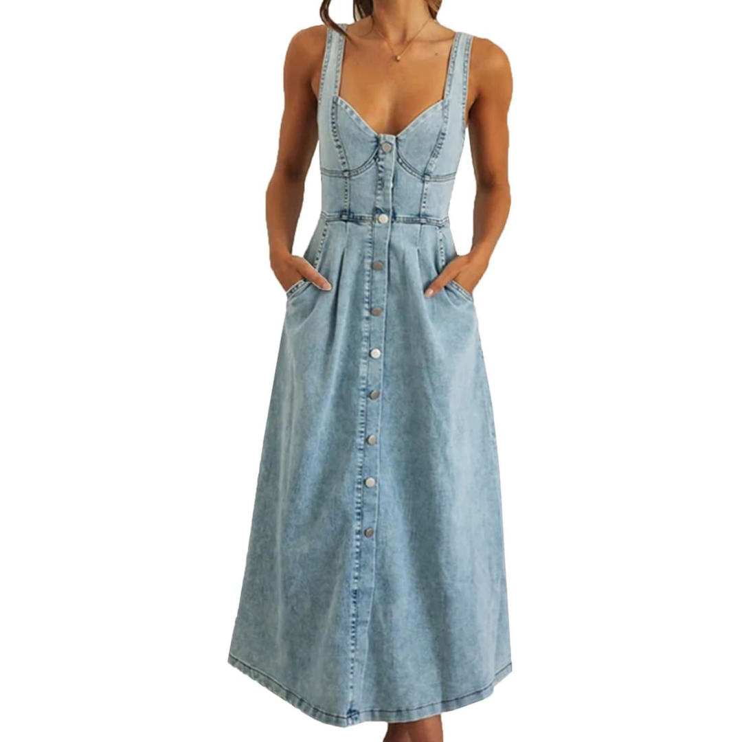 DECKER™ – Distressed Denim Button-Down Midi Dress