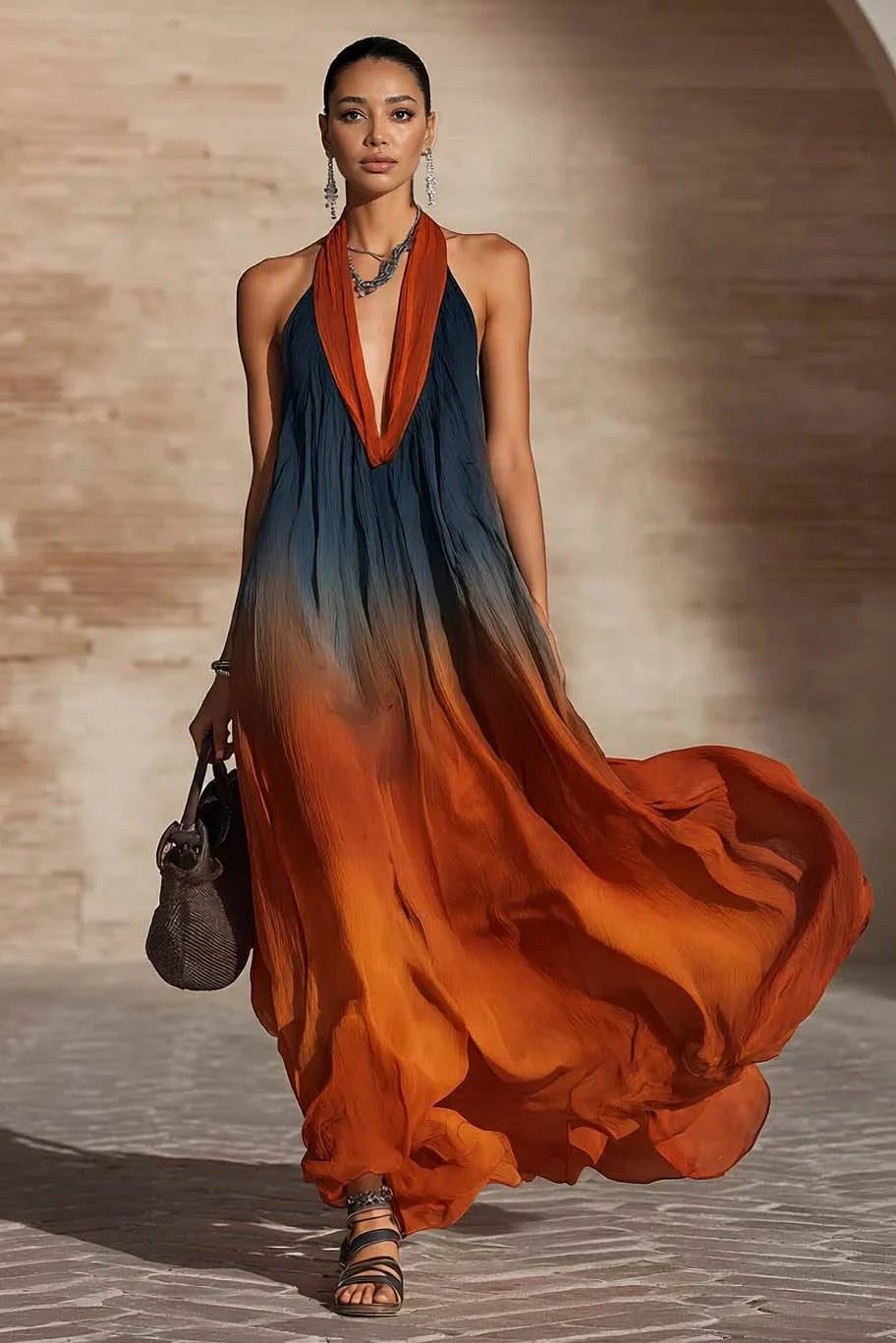 Paula | Long Halter/V-Neck Ombré Dress