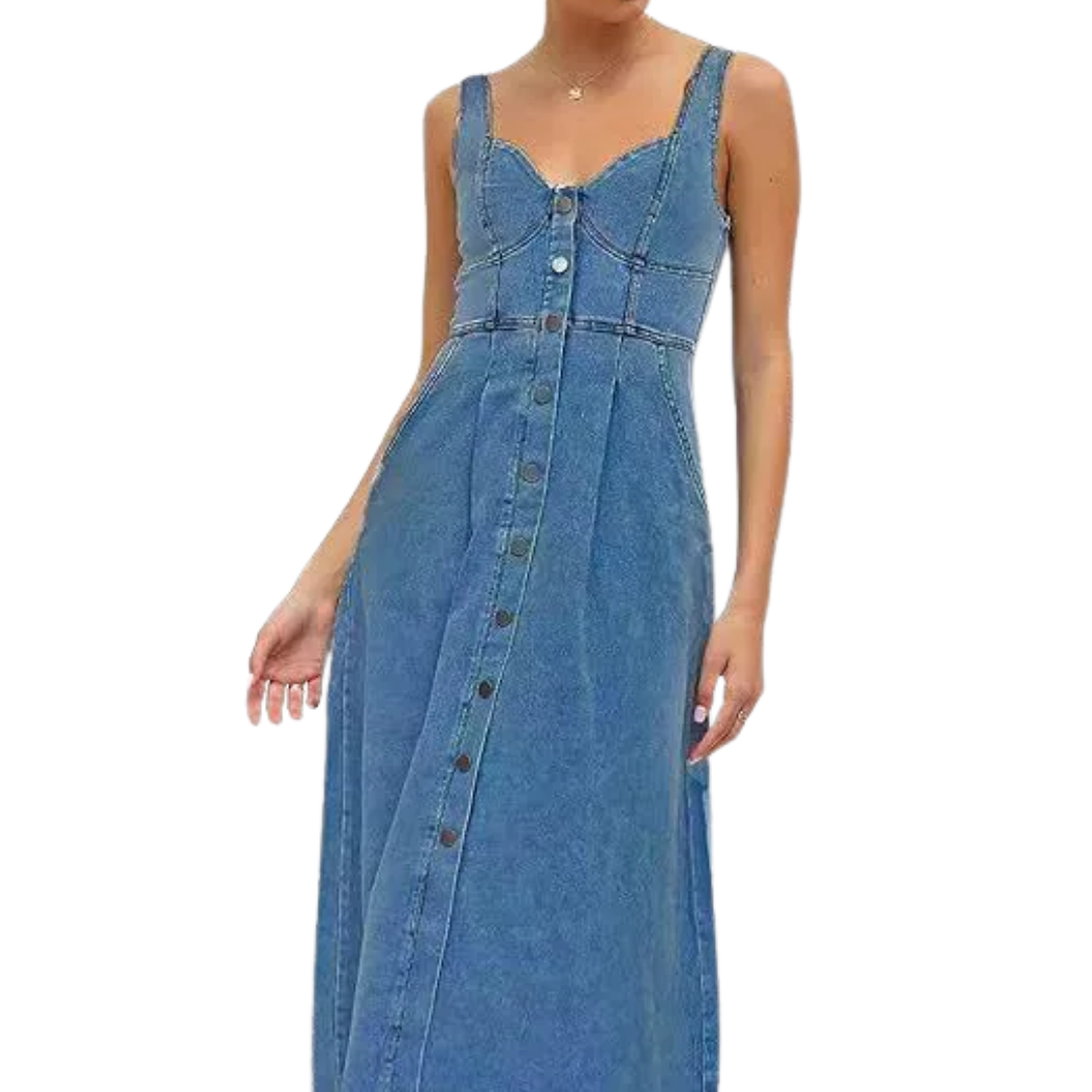 DECKER™ – Distressed Denim Button-Down Midi Dress