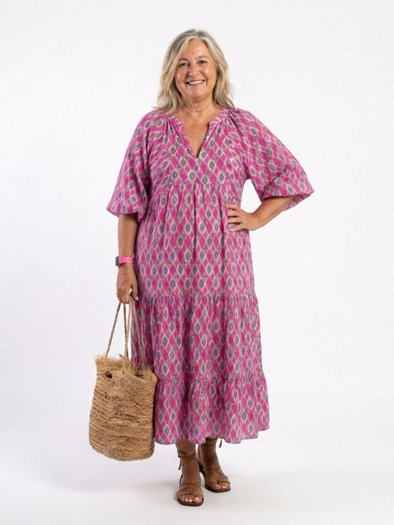 Apolline - Three Quarter Sleeve V Neck Patterned Midi Dress