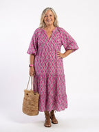 Apolline - Three Quarter Sleeve V Neck Patterned Midi Dress