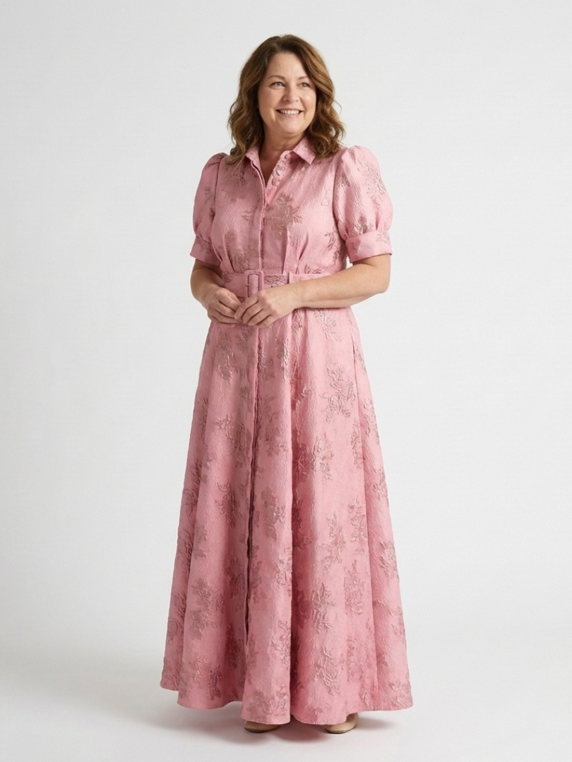 Xanthea - Short Sleeve Belted Floral Textured Maxi Shirt Dress