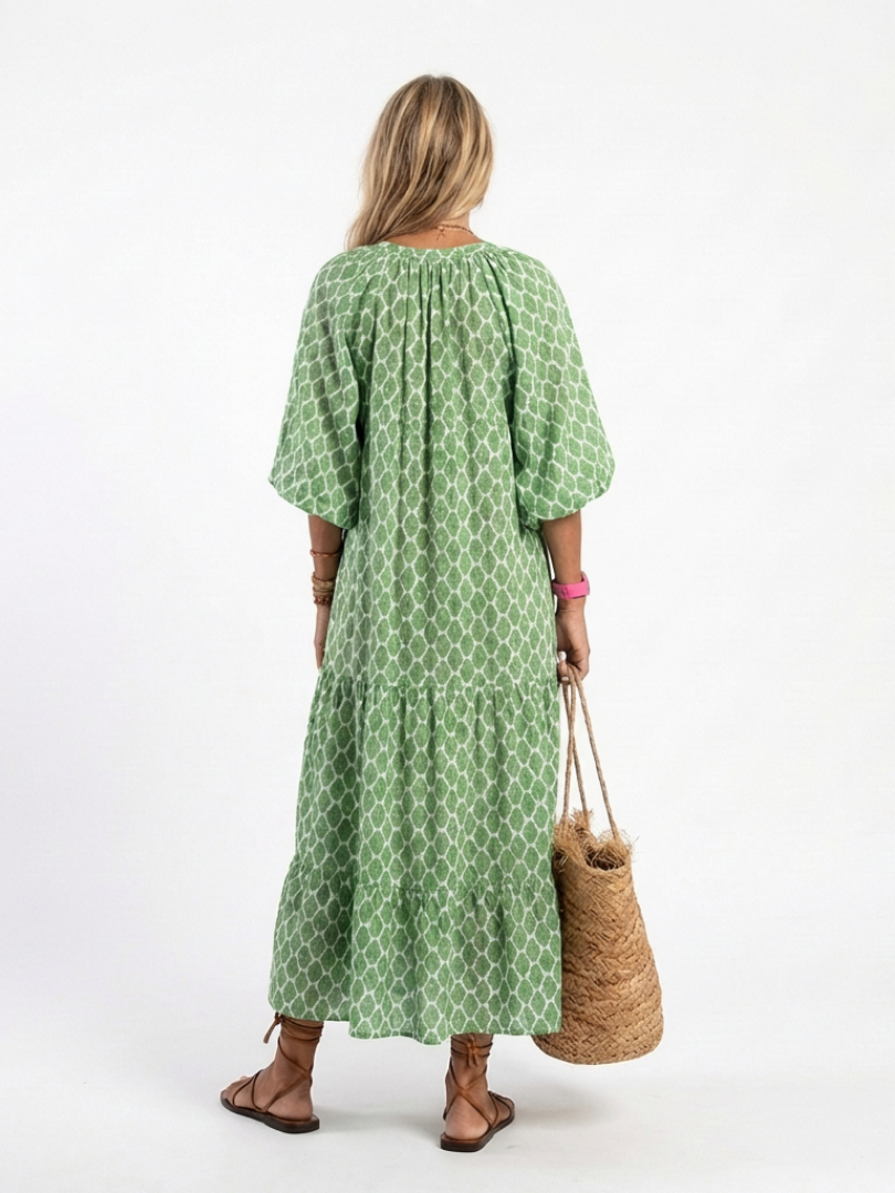 Apolline - Three Quarter Sleeve V Neck Patterned Midi Dress