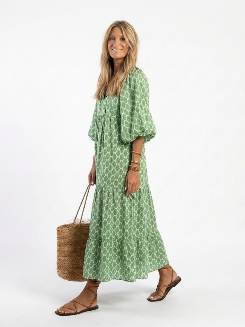 Apolline - Three Quarter Sleeve V Neck Patterned Midi Dress