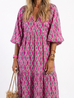 Apolline - Three Quarter Sleeve V Neck Patterned Midi Dress