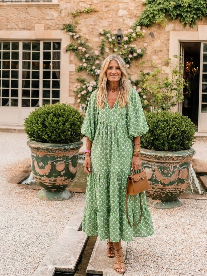Apolline - Three Quarter Sleeve V Neck Patterned Midi Dress