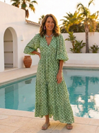 Apolline - Three Quarter Sleeve V Neck Patterned Midi Dress