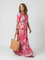 Ione - Short Sleeve V Neck Floral Midi Dress