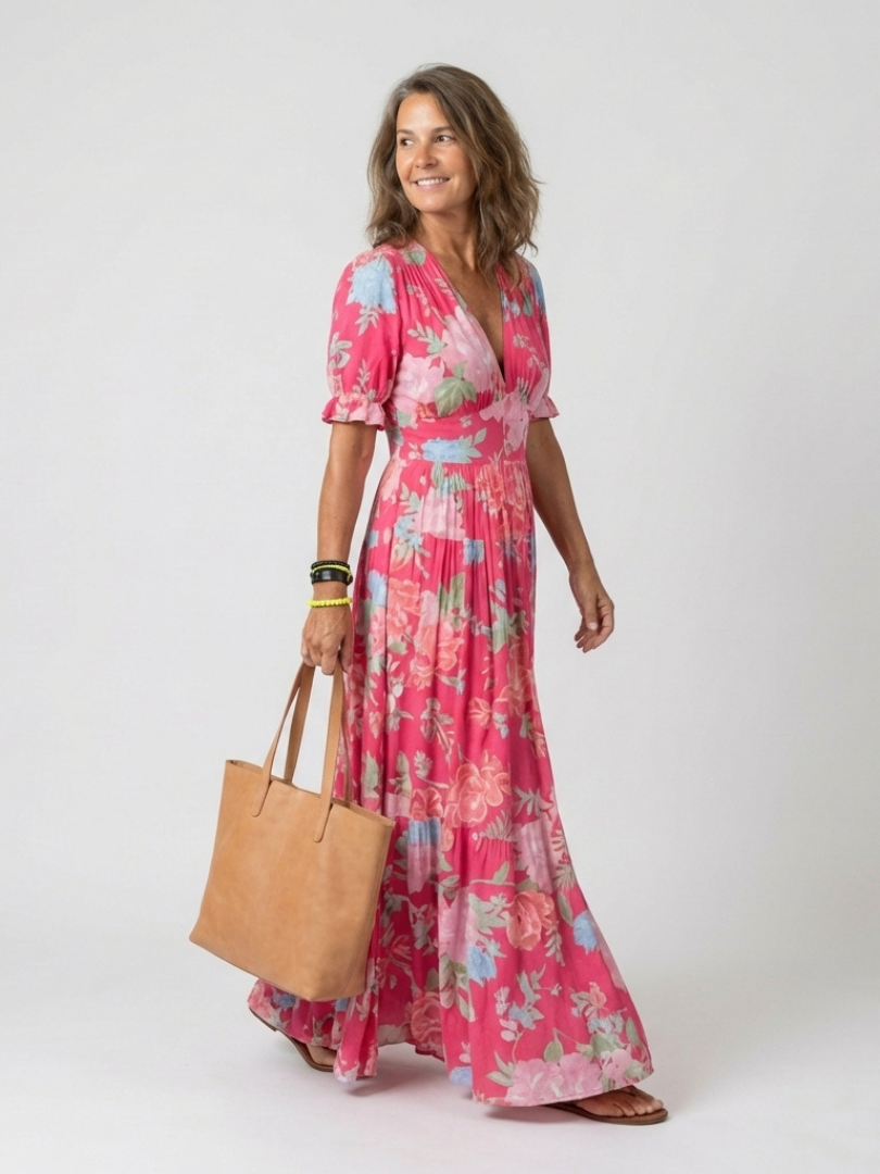Ione - Short Sleeve V Neck Floral Midi Dress