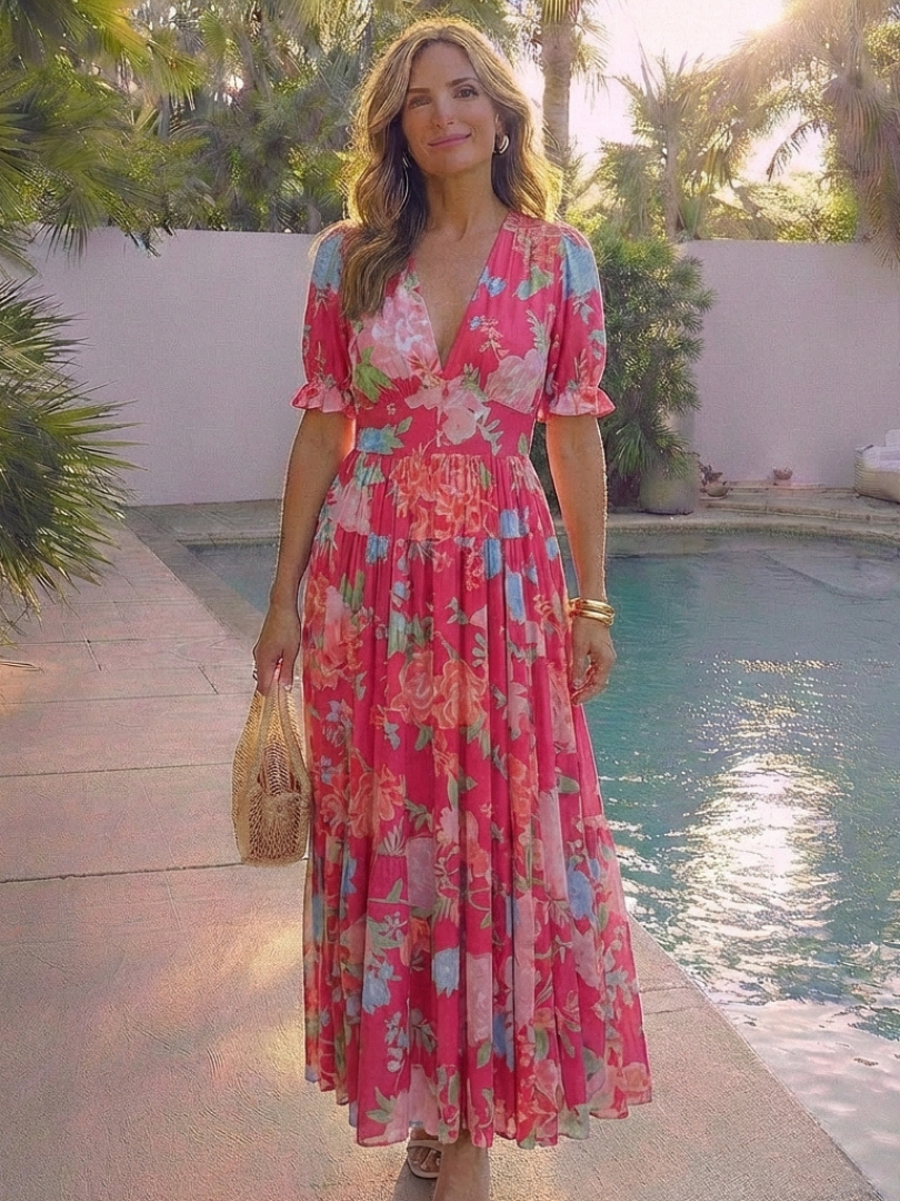 Ione - Short Sleeve V Neck Floral Midi Dress