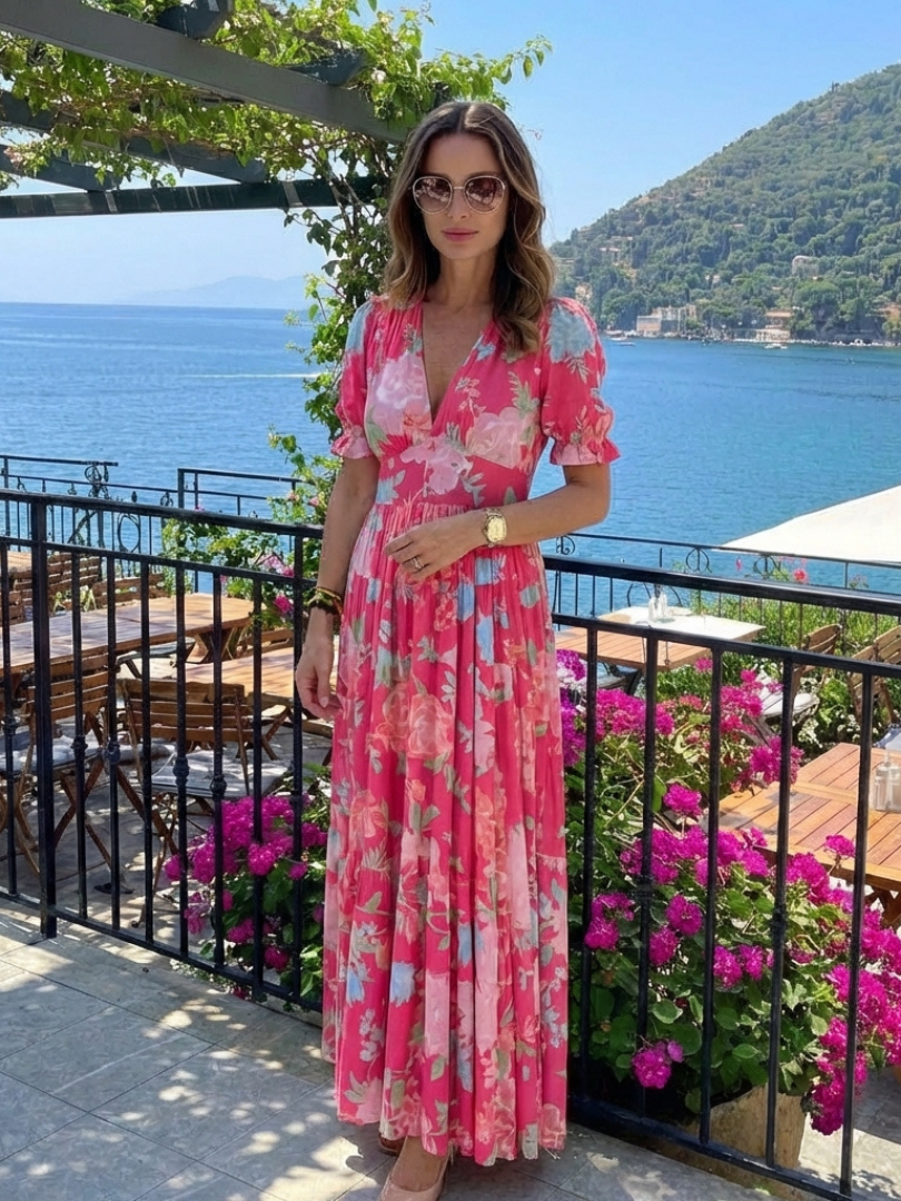 Ione - Short Sleeve V Neck Floral Midi Dress