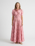 Xanthea - Short Sleeve Belted Floral Textured Maxi Shirt Dress