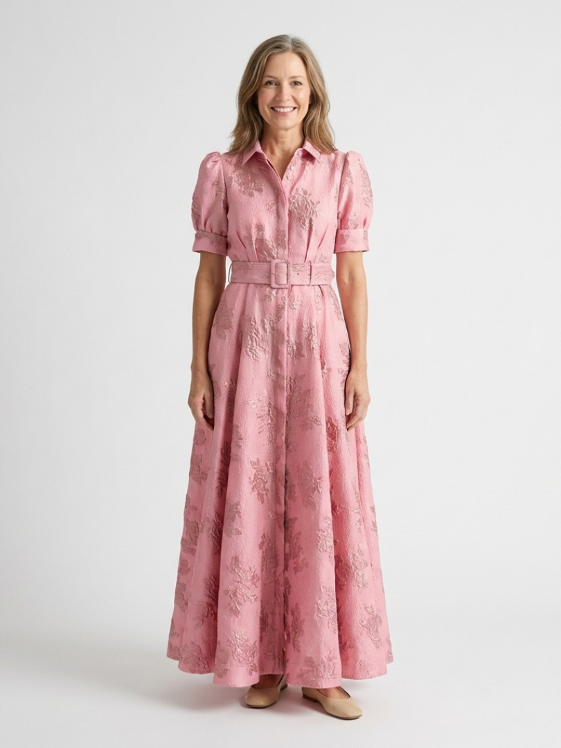Xanthea - Short Sleeve Belted Floral Textured Maxi Shirt Dress