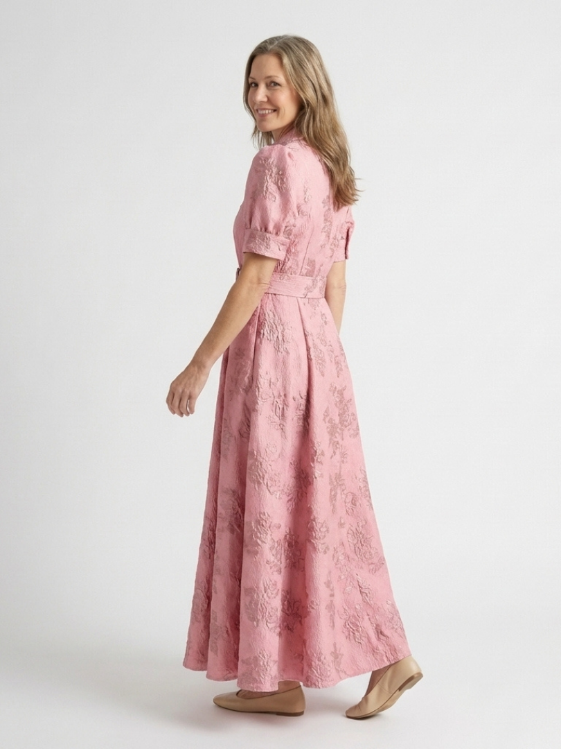 Xanthea - Short Sleeve Belted Floral Textured Maxi Shirt Dress