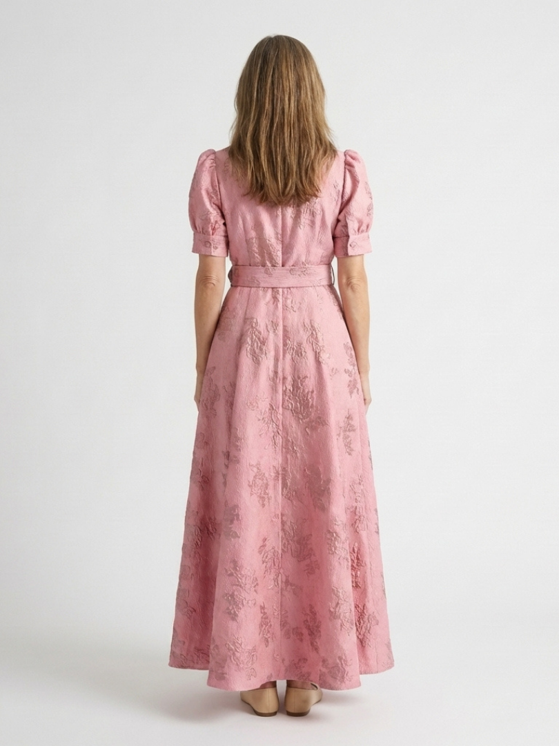 Xanthea - Short Sleeve Belted Floral Textured Maxi Shirt Dress