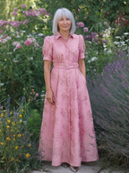 Xanthea - Short Sleeve Belted Floral Textured Maxi Shirt Dress