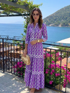 Ysolde - Three Quarter Sleeve Chain Pattern Midi Dress