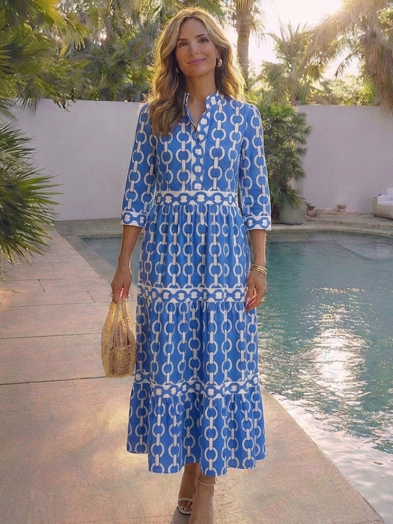 Ysolde - Three Quarter Sleeve Chain Pattern Midi Dress