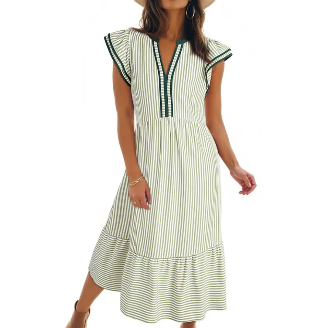 BLYTHE™ – Striped Ruffle Cap Sleeve Midi Dress