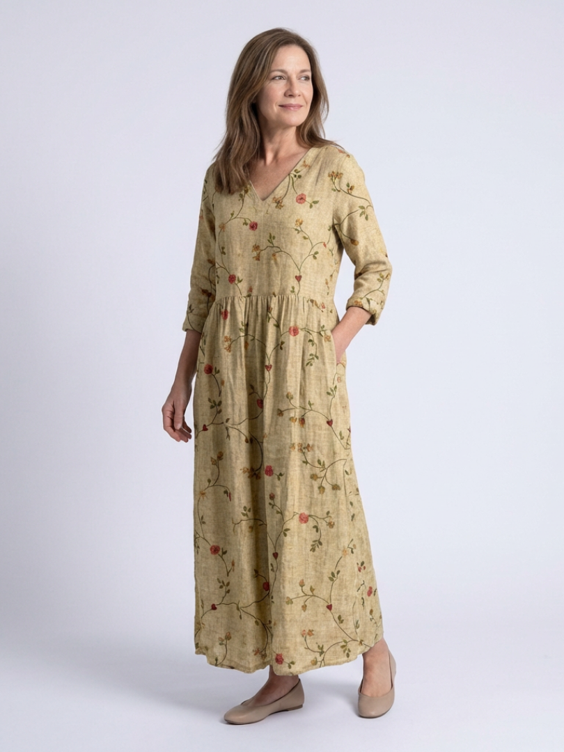 Marina - Floral V Neck Three Quarter Sleeve Maxi Dress
