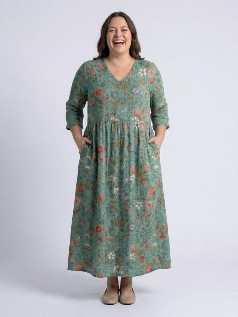 Marina - Floral V Neck Three Quarter Sleeve Maxi Dress