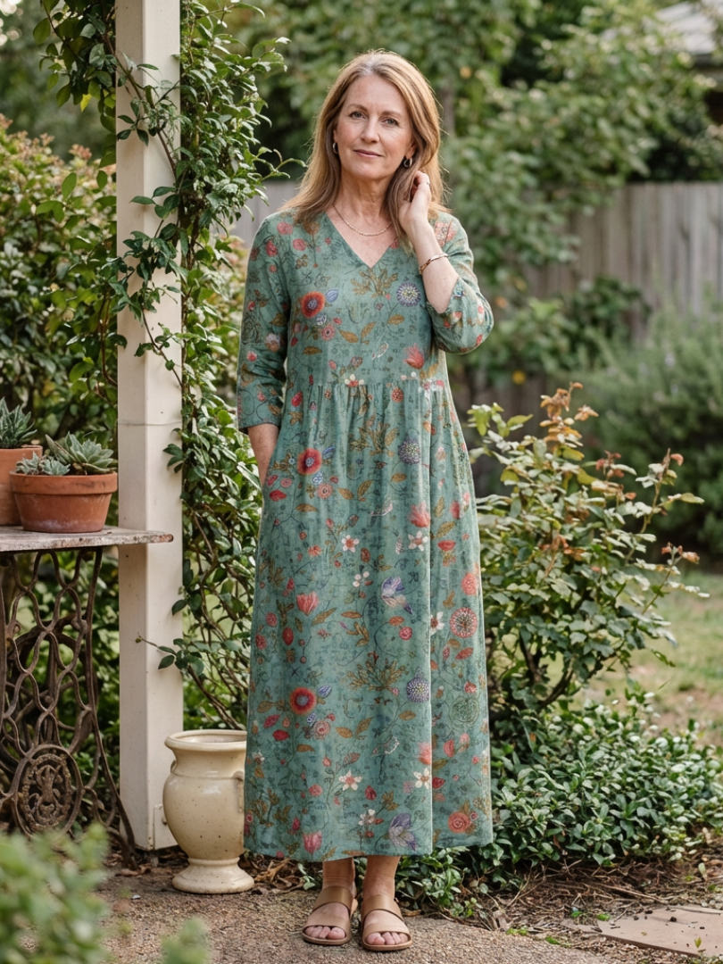 Marina - Floral V Neck Three Quarter Sleeve Maxi Dress