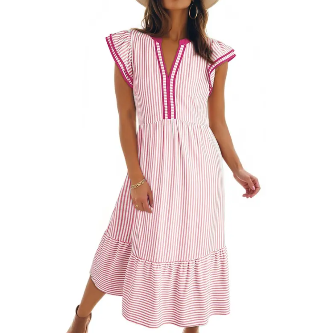 BLYTHE™ – Striped Ruffle Cap Sleeve Midi Dress