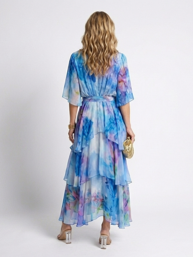 Calista - Sheer Layered V Neck Tie Waist Maxi Dress