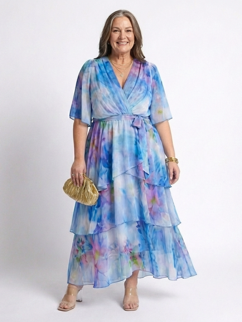 Calista - Sheer Layered V Neck Tie Waist Maxi Dress