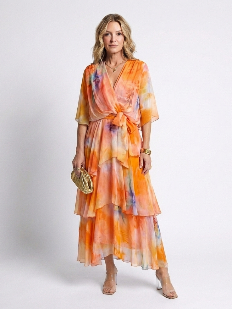 Calista - Sheer Layered V Neck Tie Waist Maxi Dress