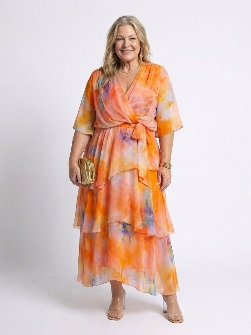 Calista - Sheer Layered V Neck Tie Waist Maxi Dress