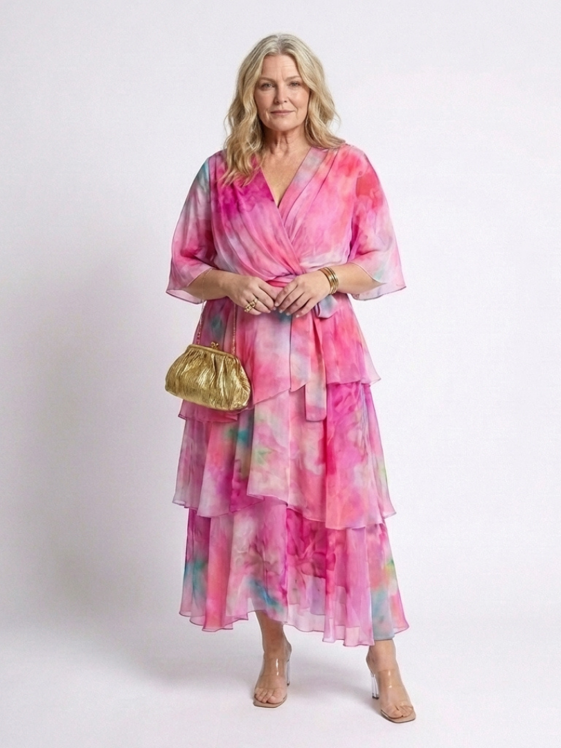 Calista - Sheer Layered V Neck Tie Waist Maxi Dress