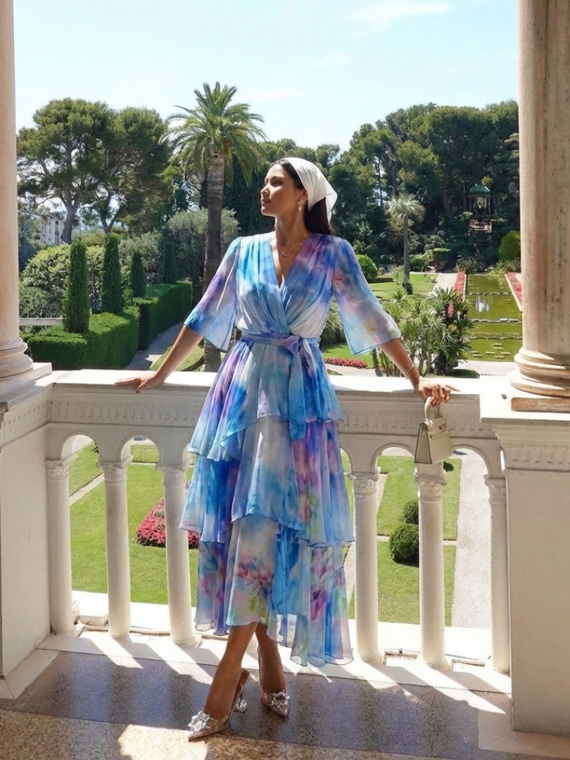 Calista - Sheer Layered V Neck Tie Waist Maxi Dress